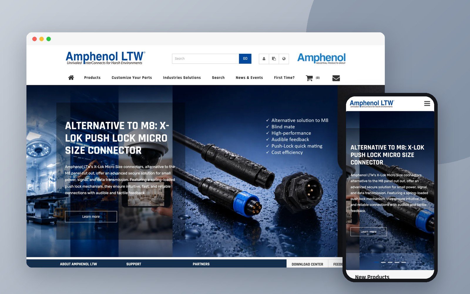 Amphenol LTW 網站畫面（電腦與手機版）