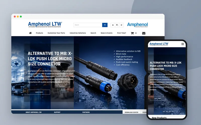 Amphenol LTW 網站畫面（電腦與手機版）